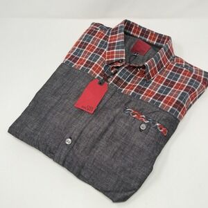 NWT CIVIL SOCIETY Mens Med Shirt Red/Gray Plaid ButtonUp Long Sleeve Elbow Pads